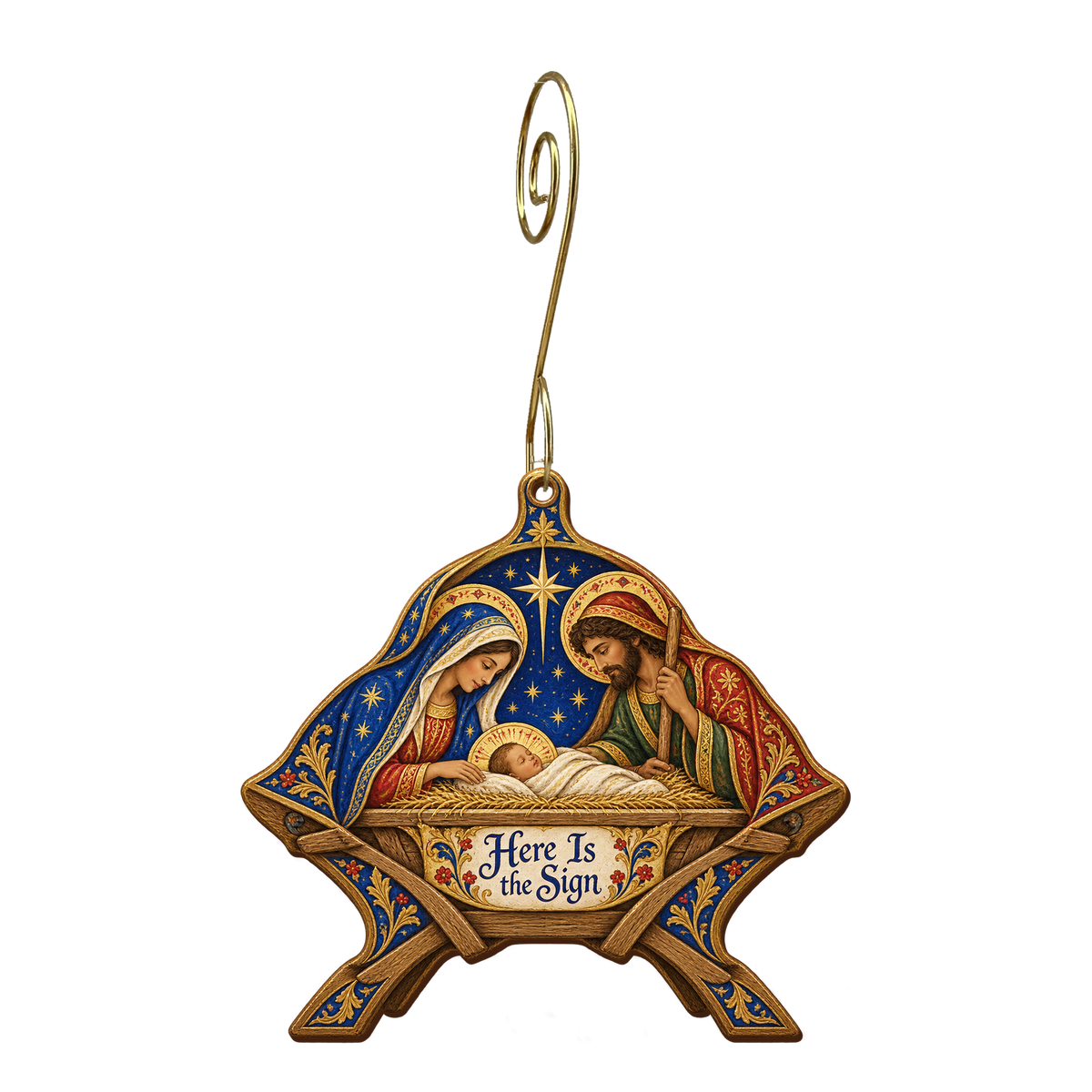 O805 — The Crossbeam Cradle wooden Nativity ornament with gold spiral hook
