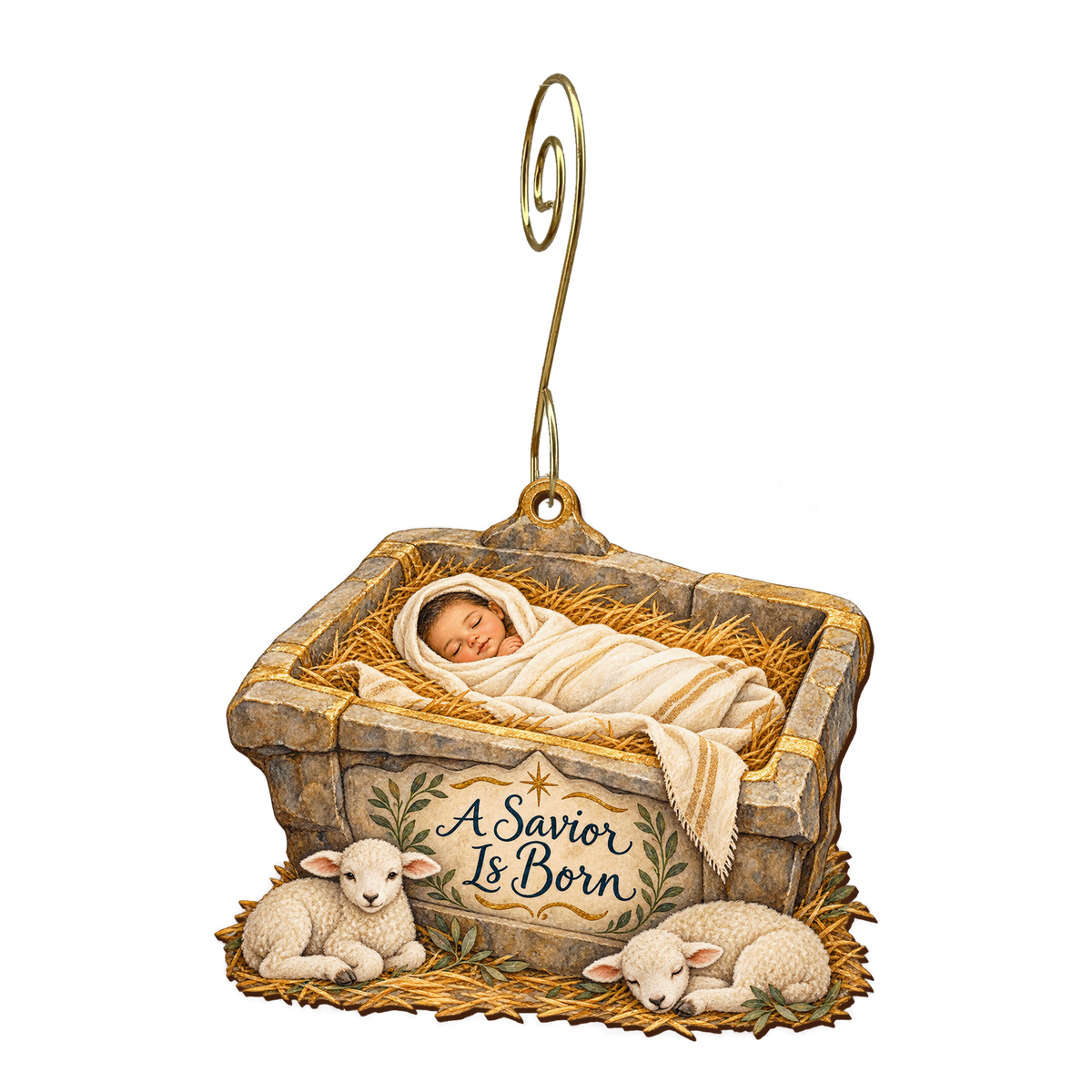 O806 — The Stone Trough's Light wooden Nativity ornament with gold spiral hook