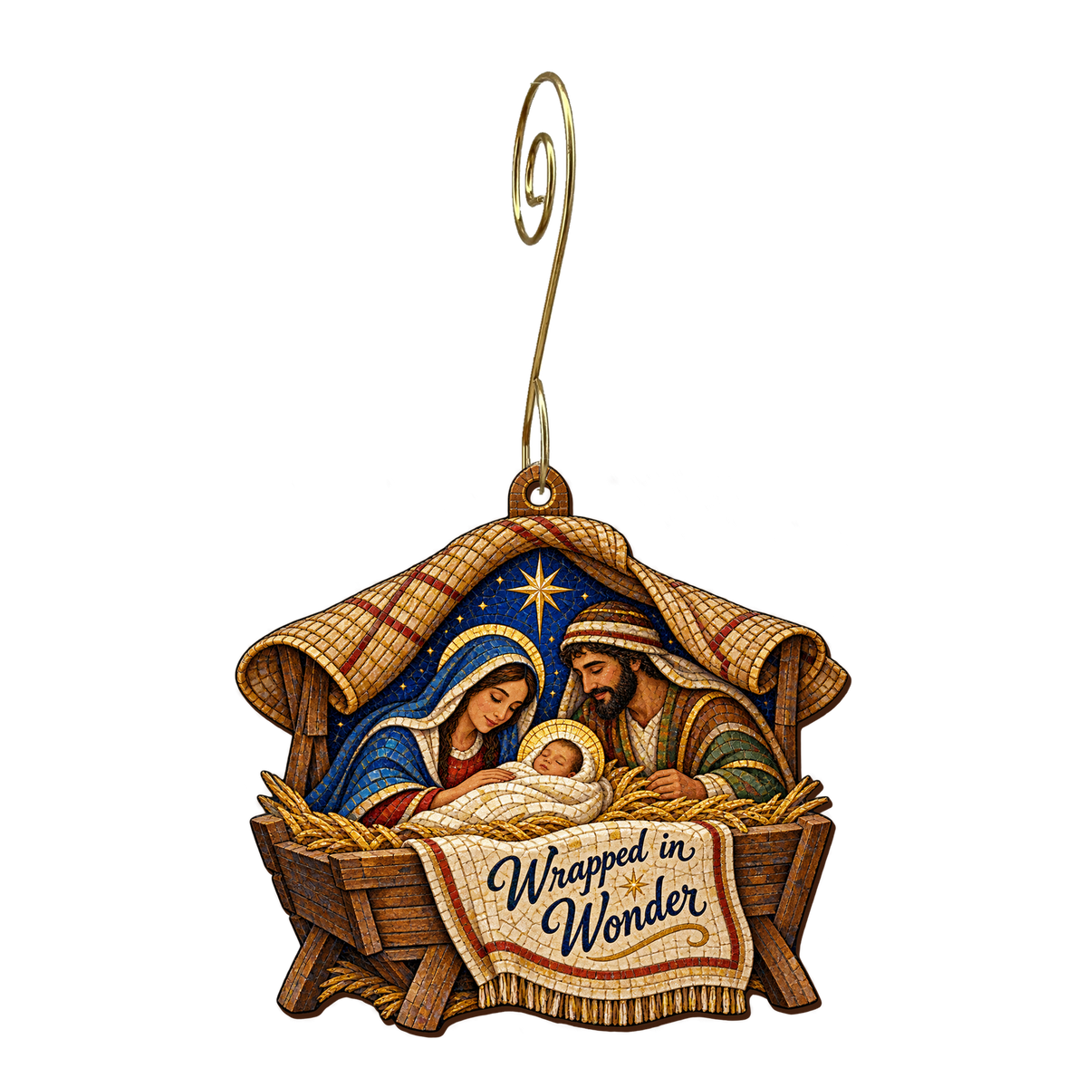 O807 — The Reed-Lined Manger wooden Nativity ornament with gold spiral hook
