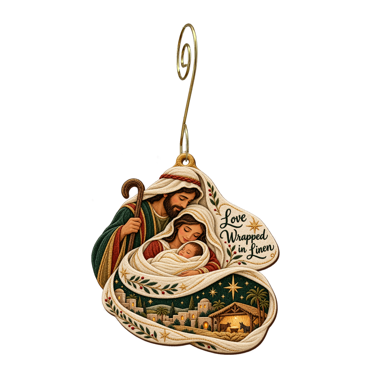 O808 — The Fold That Holds the World wooden Nativity ornament with gold spiral hook