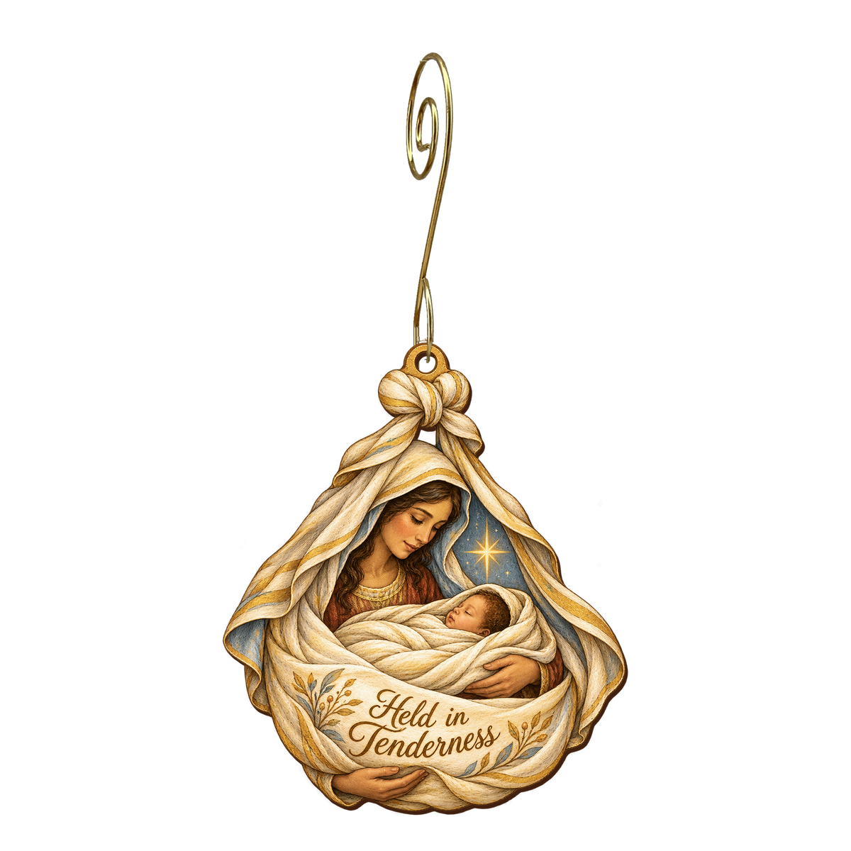 O809 — The Swaddle's Gentle Knot wooden Nativity ornament with gold spiral hook