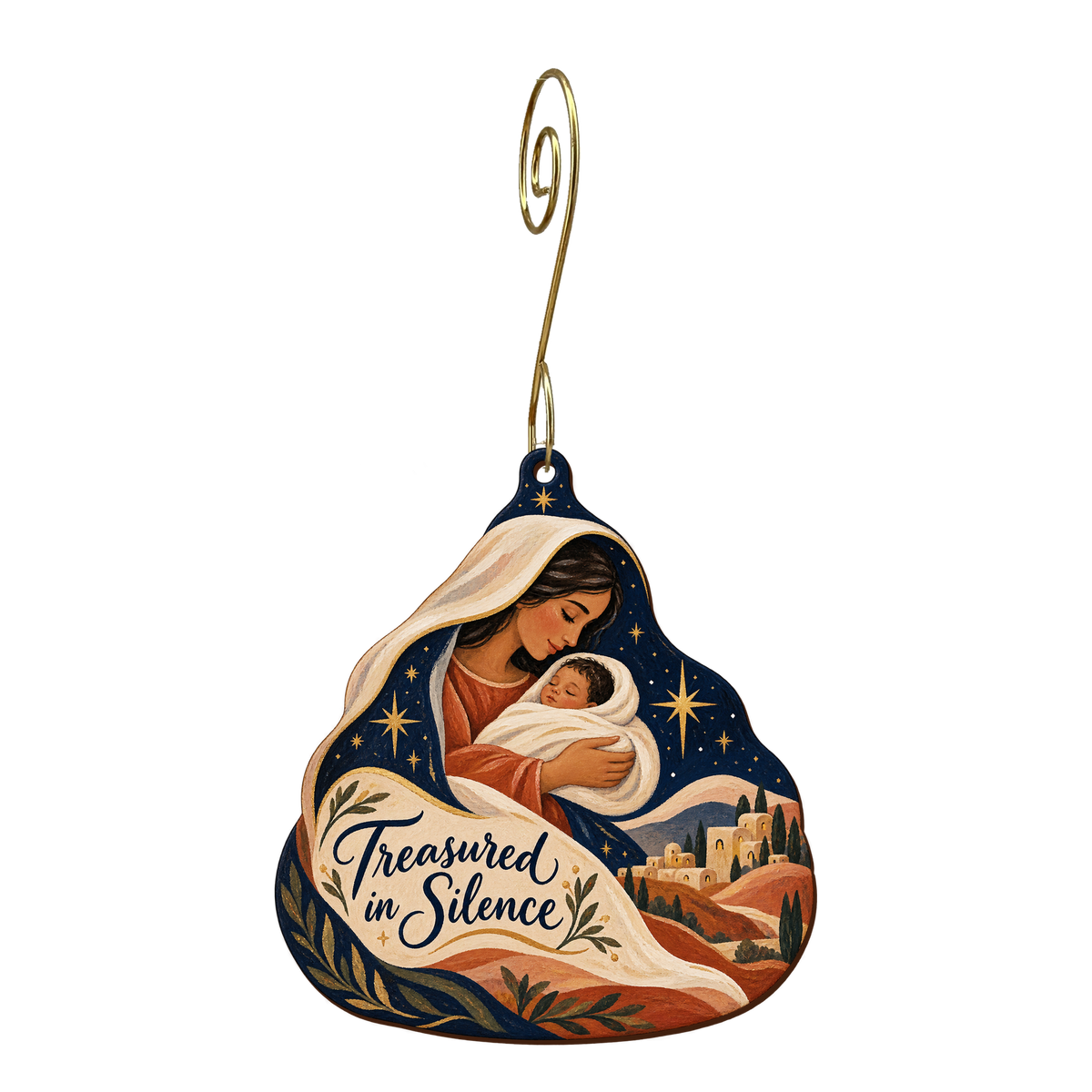 O810 — The Listening Mother wooden Nativity ornament with gold spiral hook