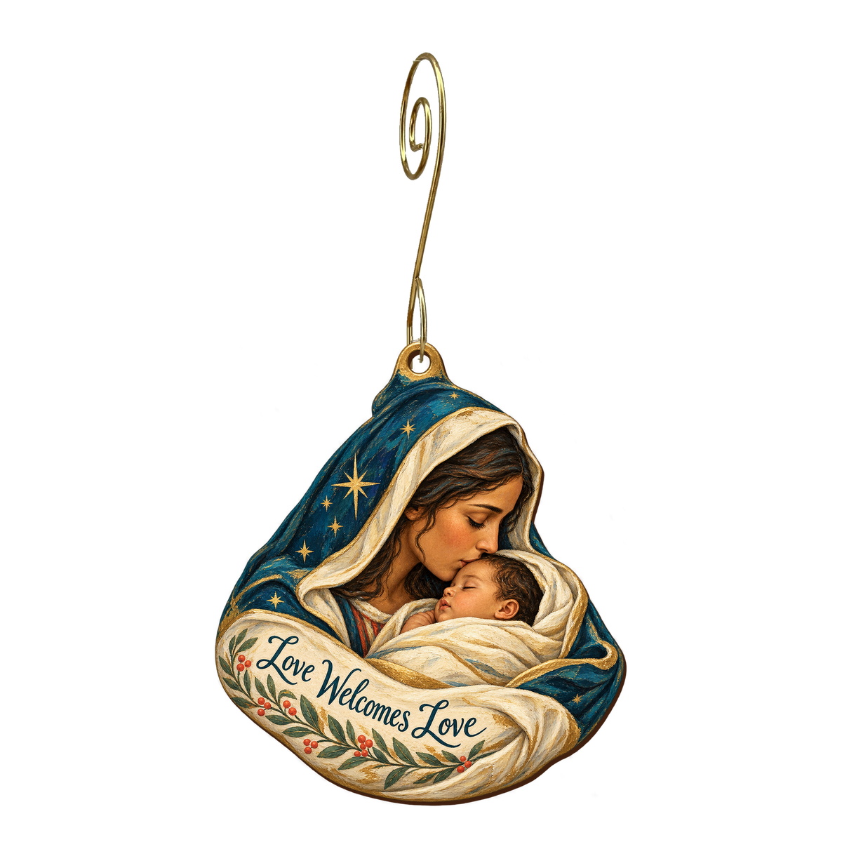 O811 — The Kiss of Welcome wooden Nativity ornament with gold spiral hook