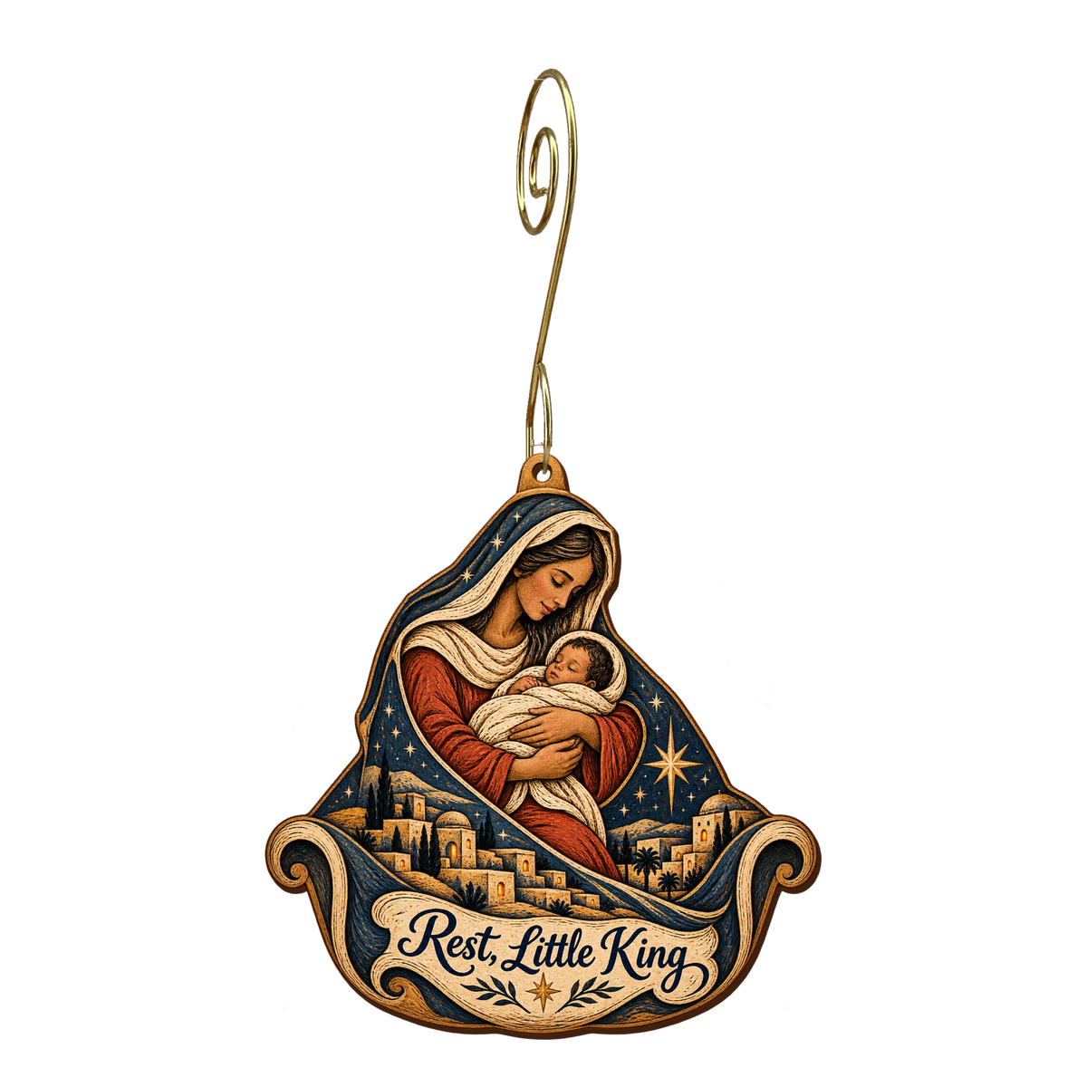 O812 — The Rocking Mantle wooden Nativity ornament with gold spiral hook