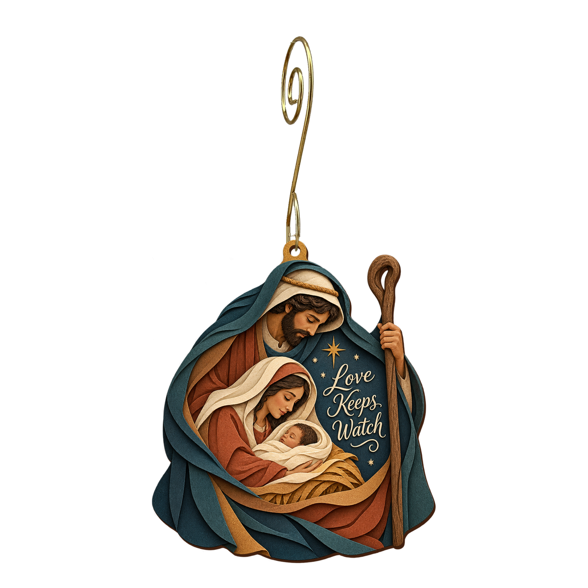O813 — The Watchful Cloak wooden Nativity ornament with gold spiral hook