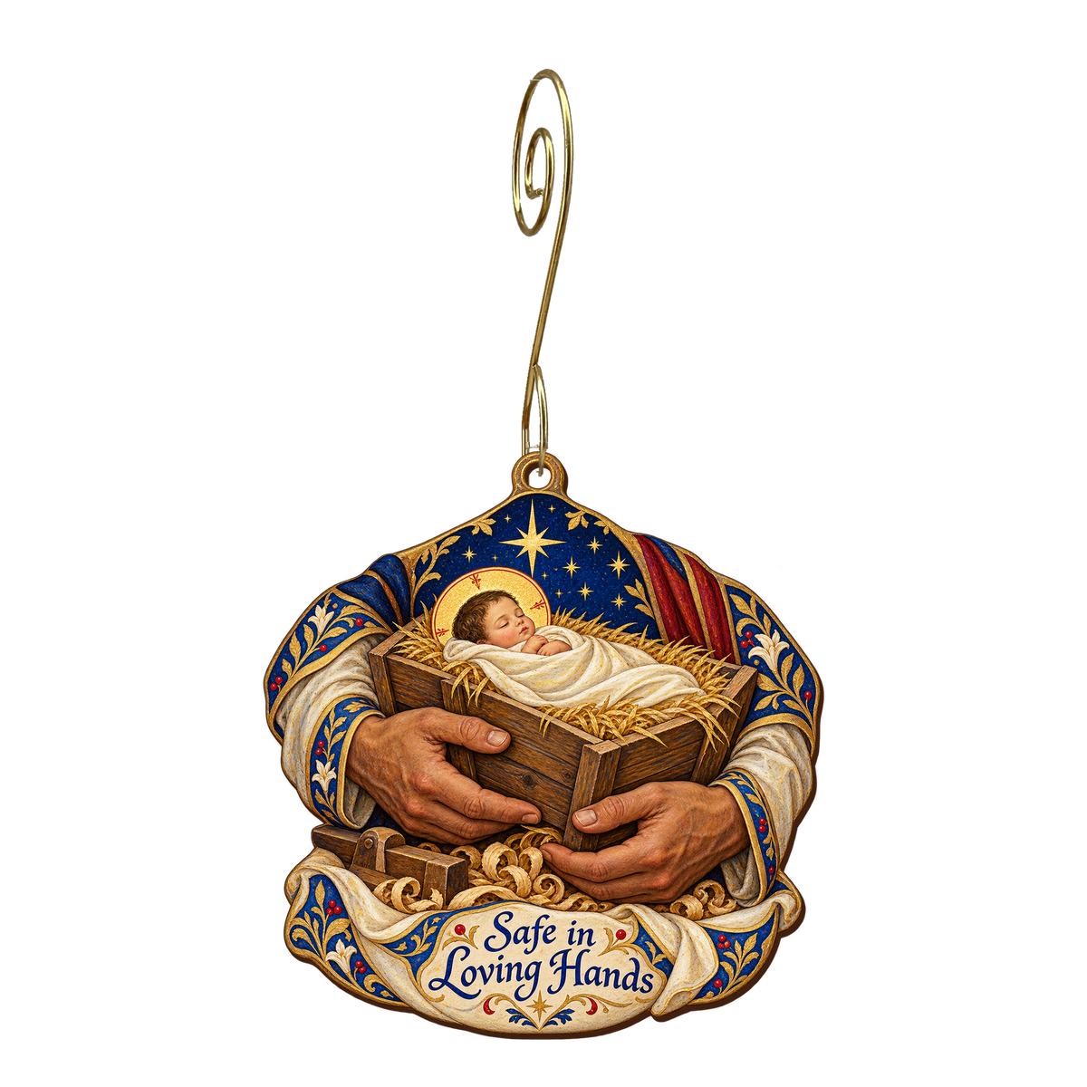 O814 — The Carpenter's Cupped Hands wooden Nativity ornament with gold spiral hook