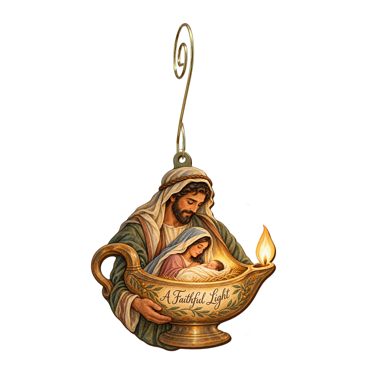 O815 — The Guardian's Lamp wooden Nativity ornament with gold spiral hook
