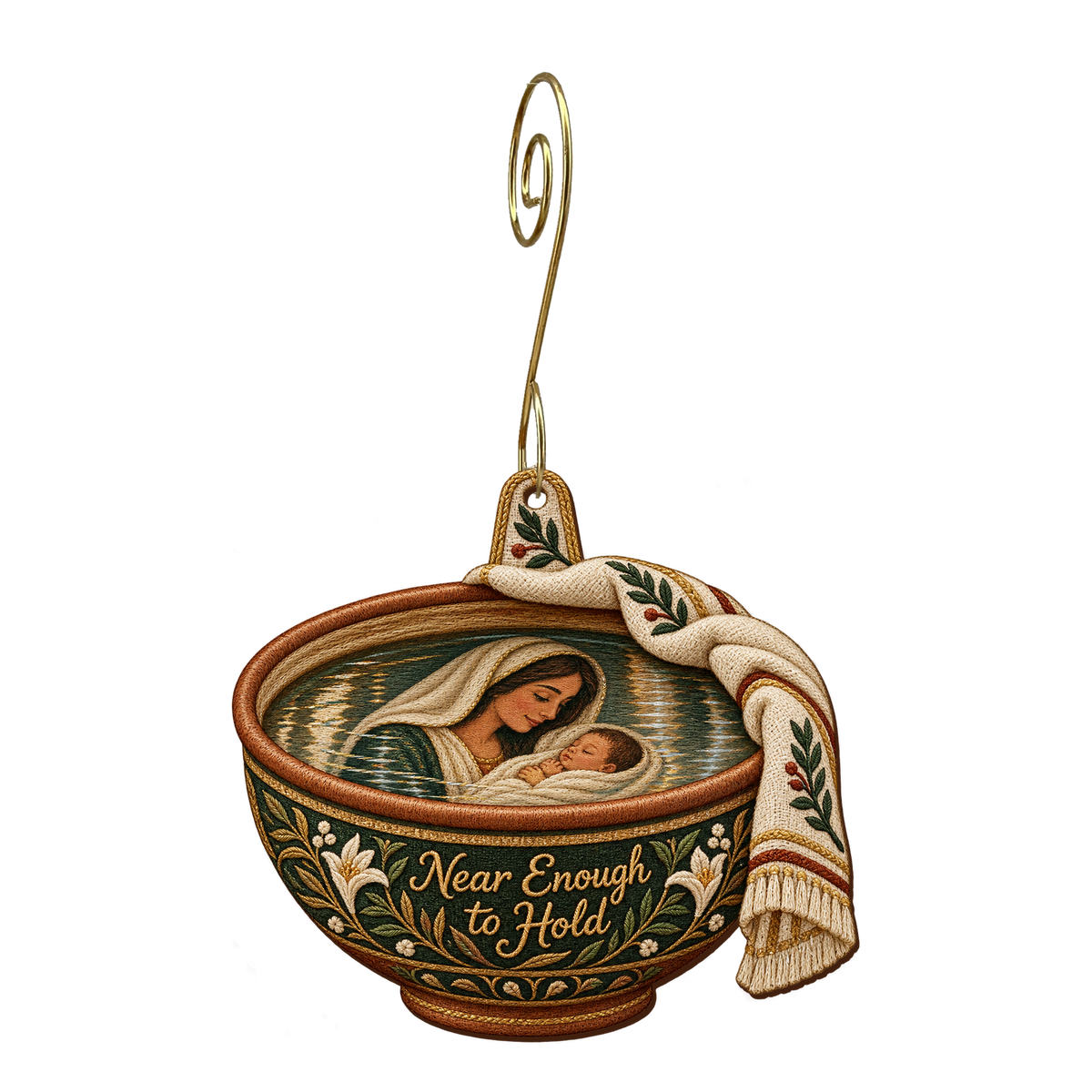 O817 — The Water Bowl's Reflection wooden Nativity ornament with gold spiral hook