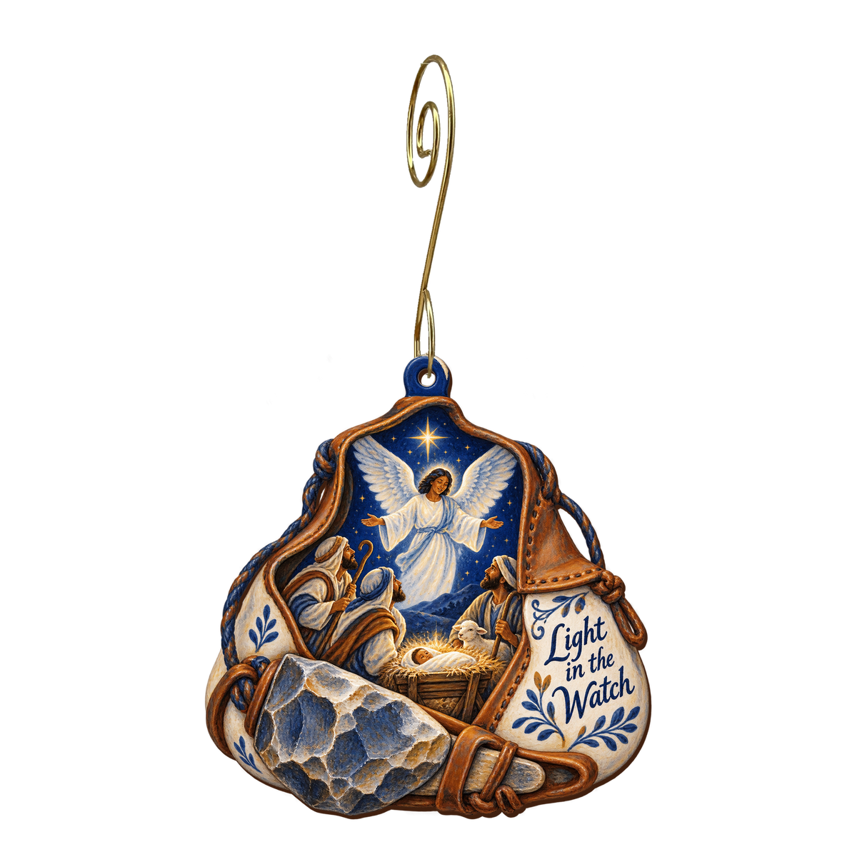 O819 — Flint and the Night Watch wooden Nativity ornament with gold spiral hook