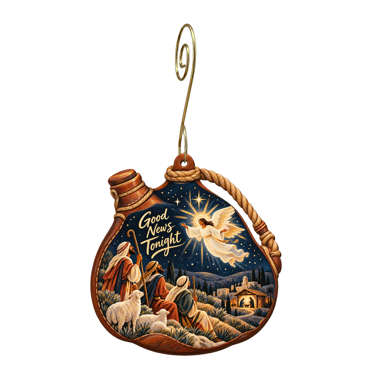 O820 — The Shepherd's Water Flask wooden Nativity ornament with gold spiral hook
