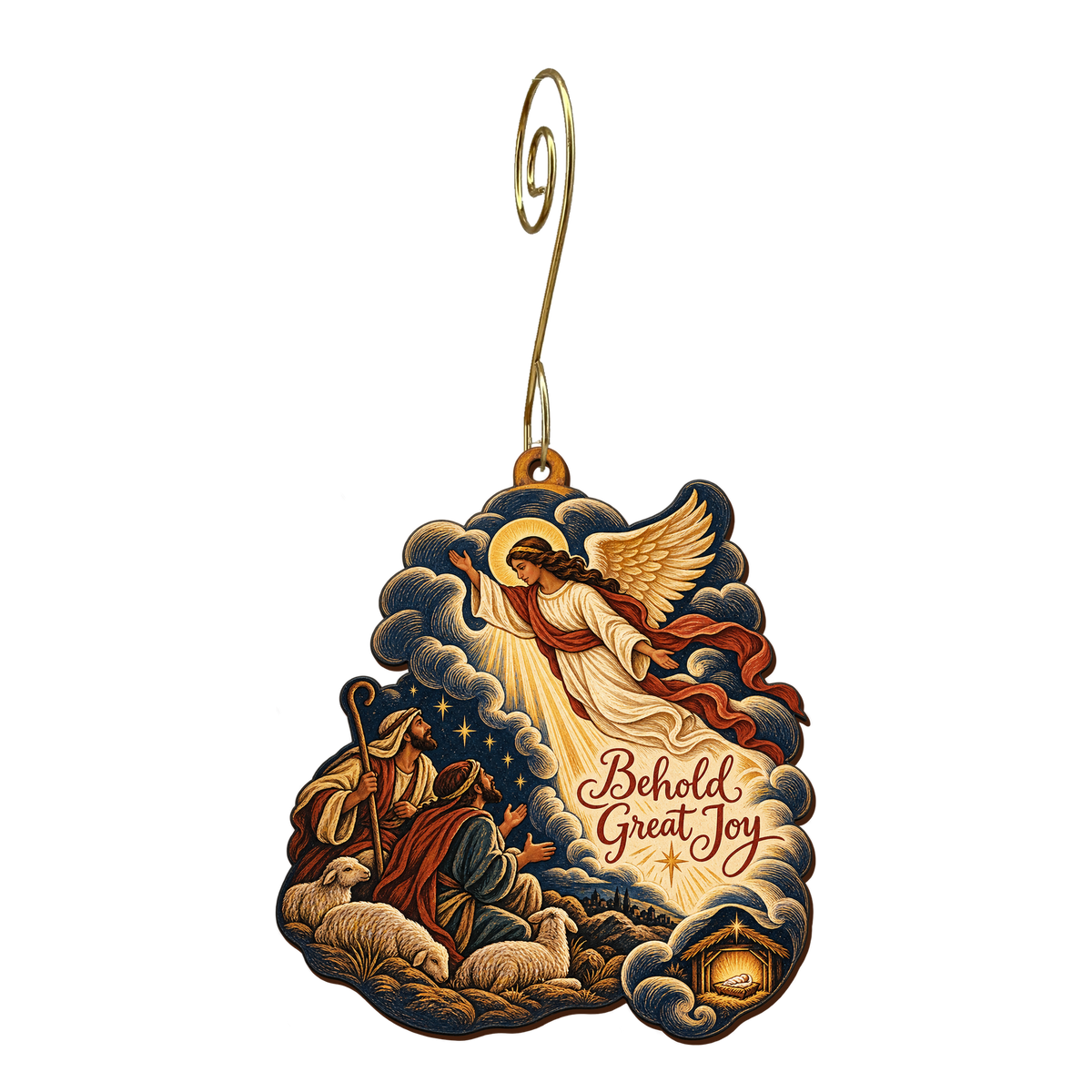 O822 — The Cloud's Open Window wooden Nativity ornament with gold spiral hook