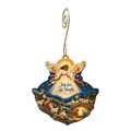 O823 — The Hills Hear the News wooden Nativity ornament with gold spiral hook