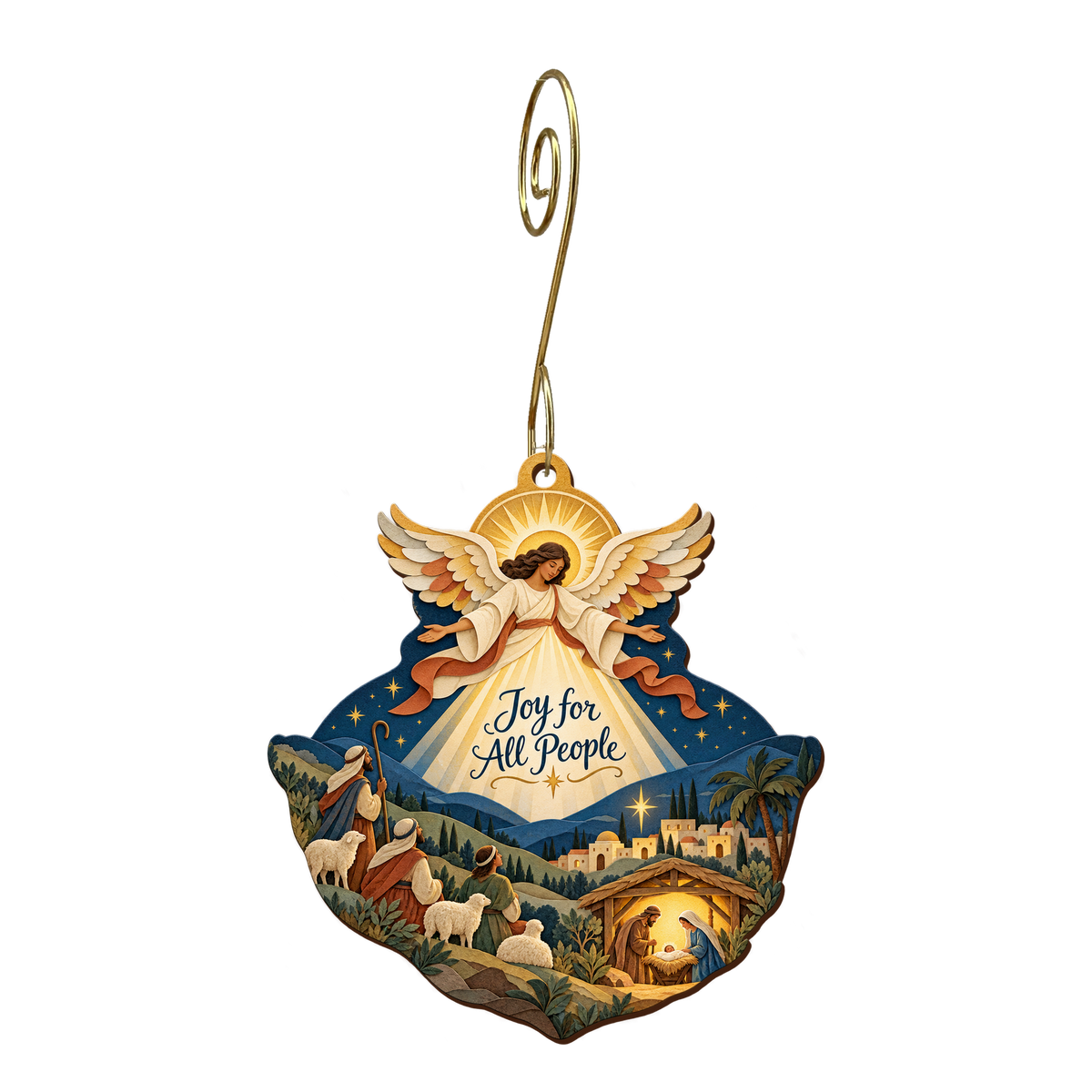 O823 — The Hills Hear the News wooden Nativity ornament with gold spiral hook