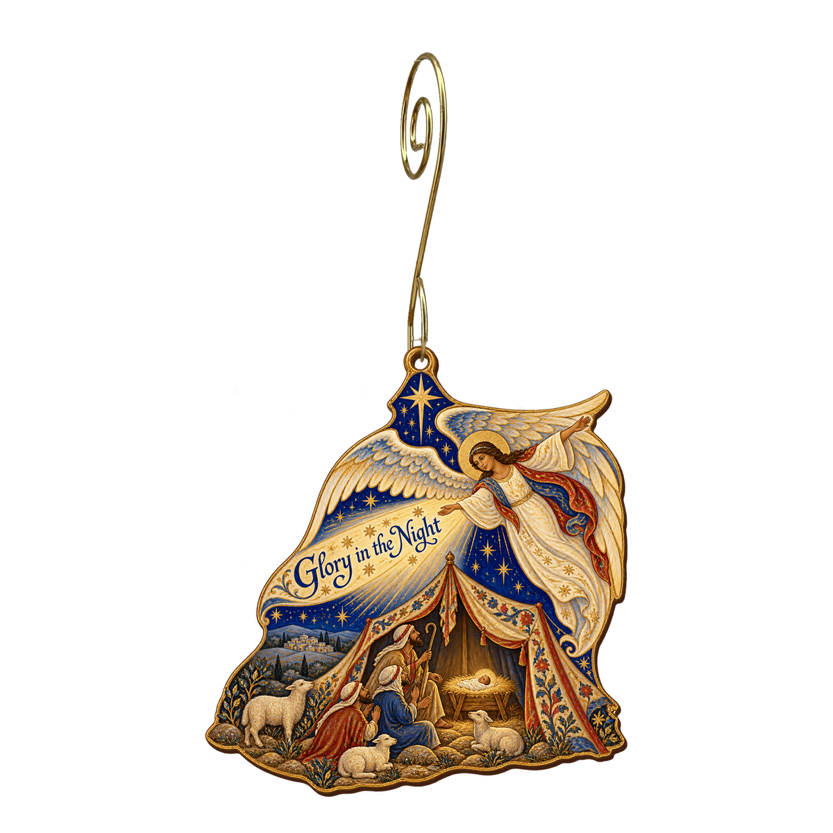 O824 — Night Tent of Glory wooden Nativity ornament with gold spiral hook