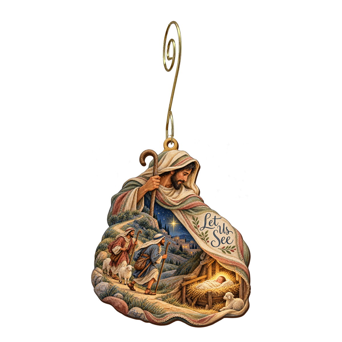 O825 — The Hurrying Cloak wooden Nativity ornament with gold spiral hook