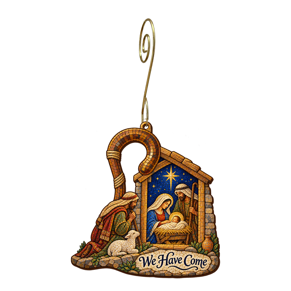 O826 — The Crook at the Door wooden Nativity ornament with gold spiral hook