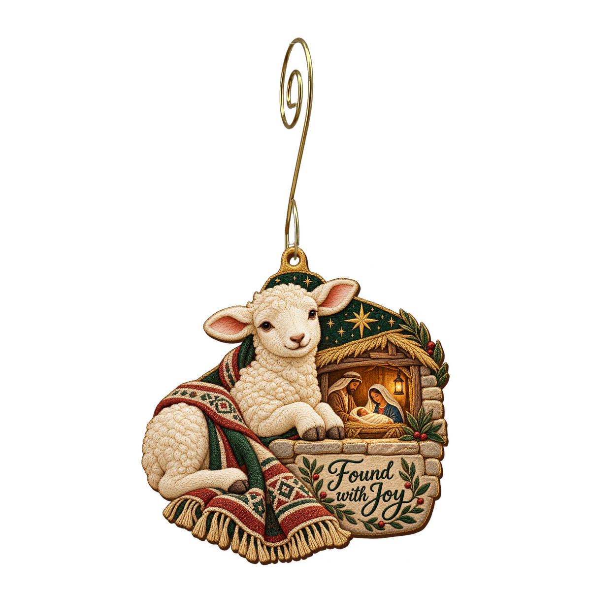 O827 — The Lamb at the Threshold wooden Nativity ornament with gold spiral hook