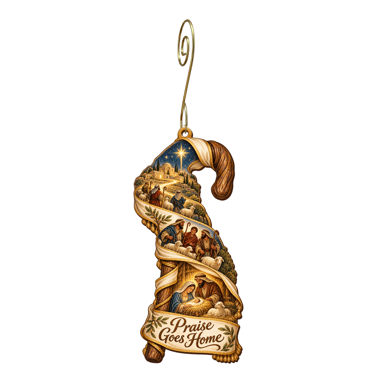 O828 — The Returning Staff wooden Nativity ornament with gold spiral hook
