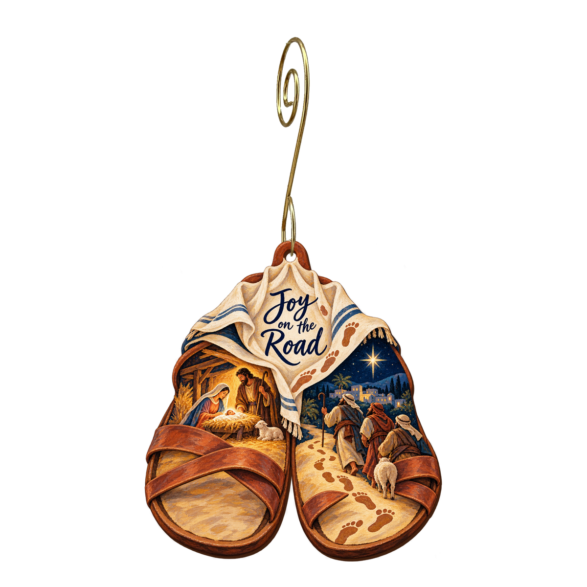O830 — Footprints of Wonder wooden Nativity ornament with gold spiral hook