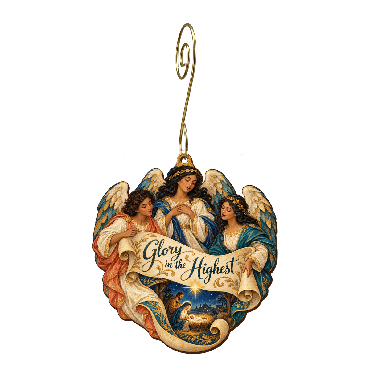 O831 — The Choir's Shared Scroll wooden Nativity ornament with gold spiral hook