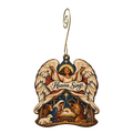 O832 — Feathers Become a Song wooden Nativity ornament with gold spiral hook
