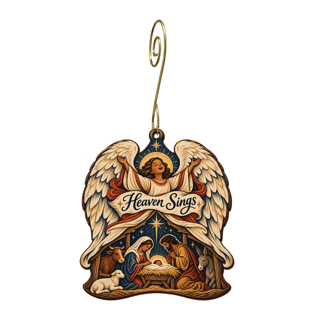 O832 — Feathers Become a Song wooden Nativity ornament with gold spiral hook