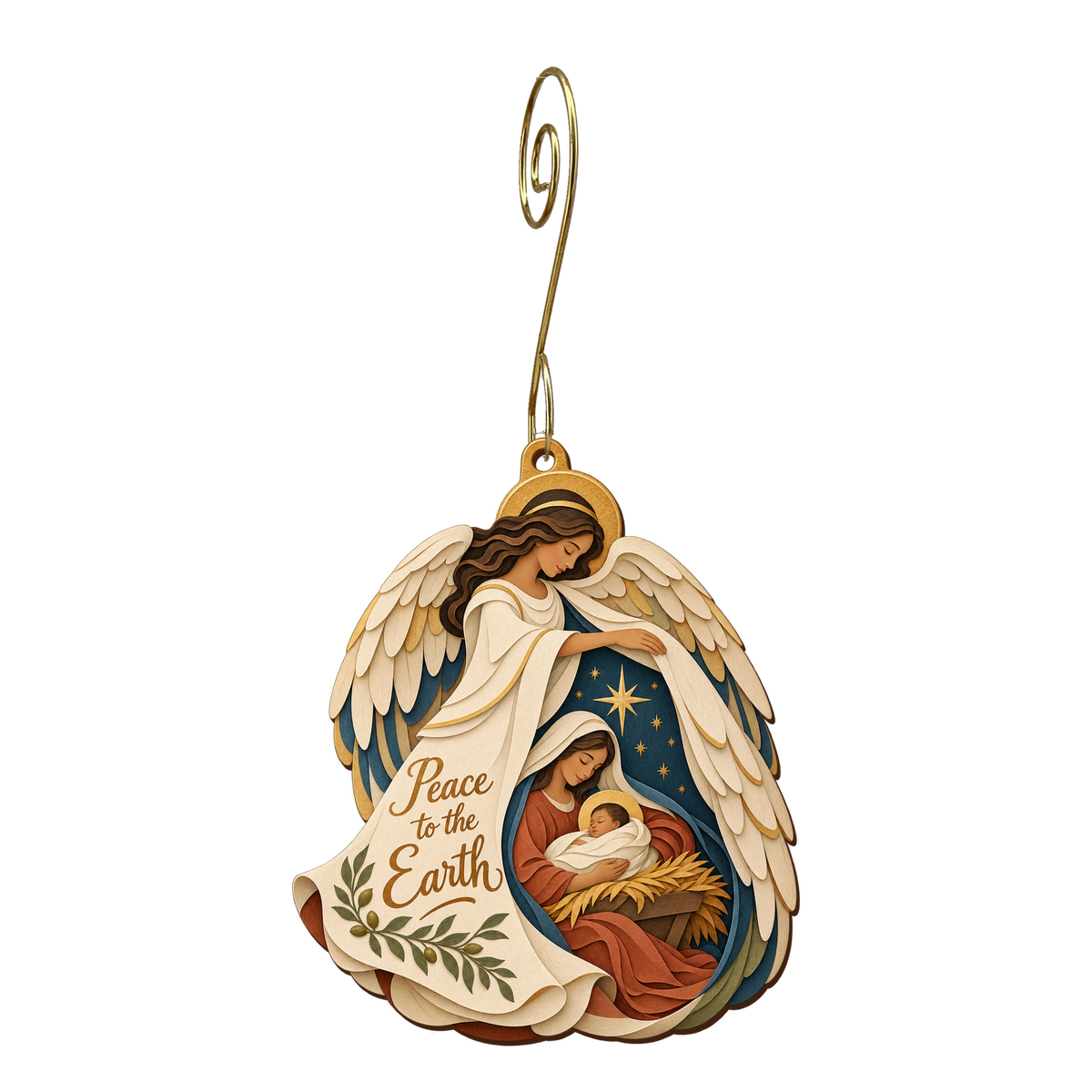 O833 — The Robe of Peace wooden Nativity ornament with gold spiral hook