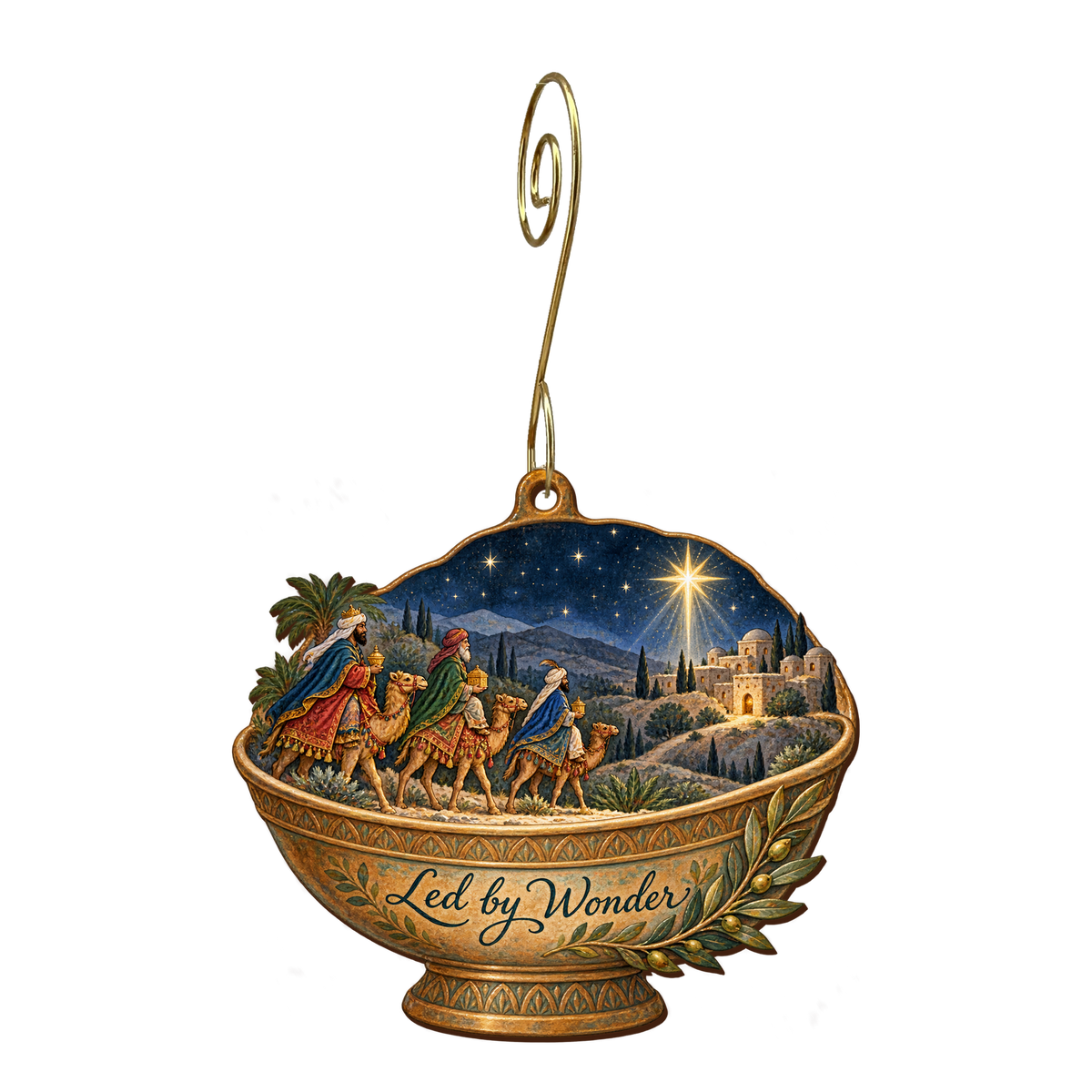 O834 — The Traveler's Night Bowl wooden Nativity ornament with gold spiral hook
