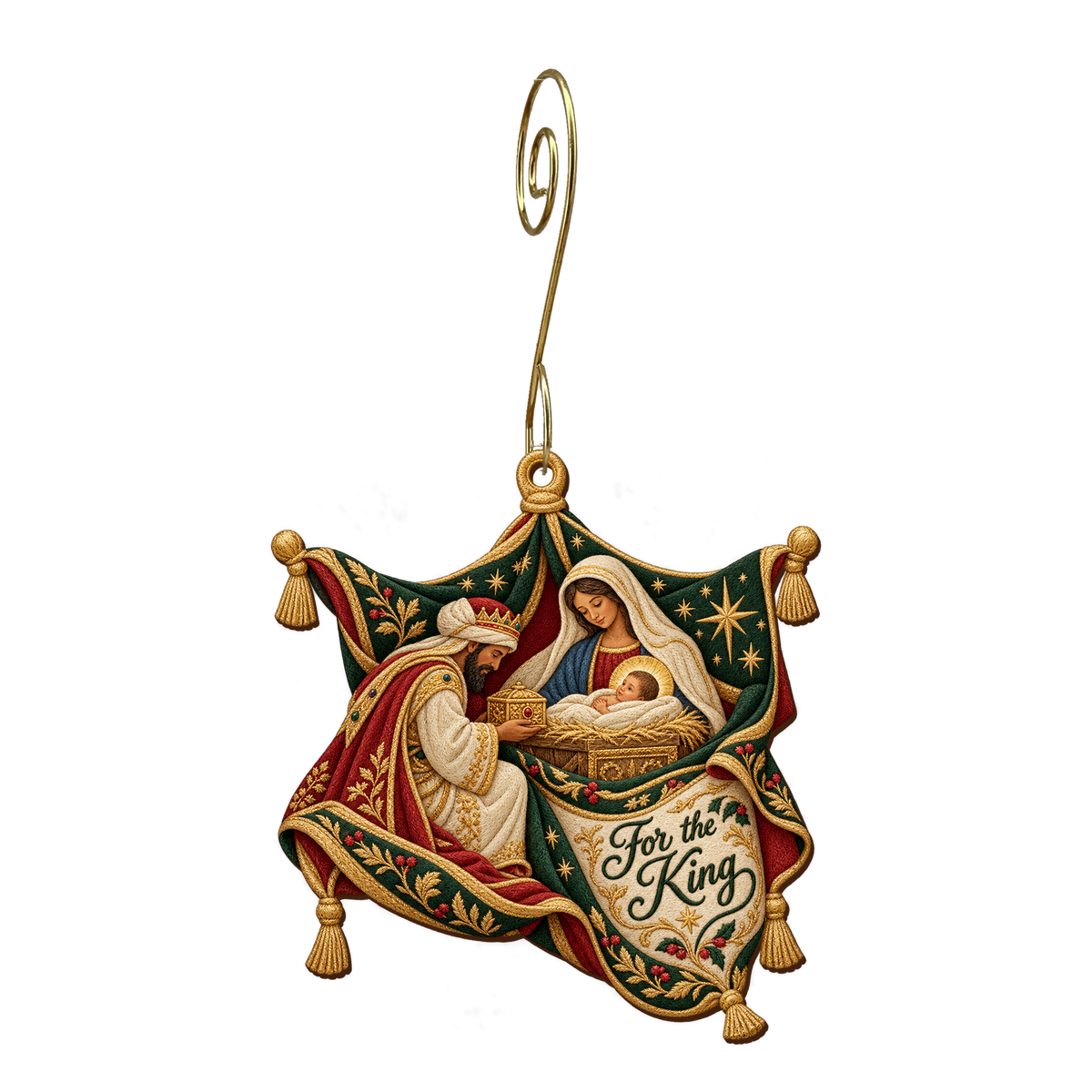 O835 — Gold on the Offering Cloth wooden Nativity ornament with gold spiral hook