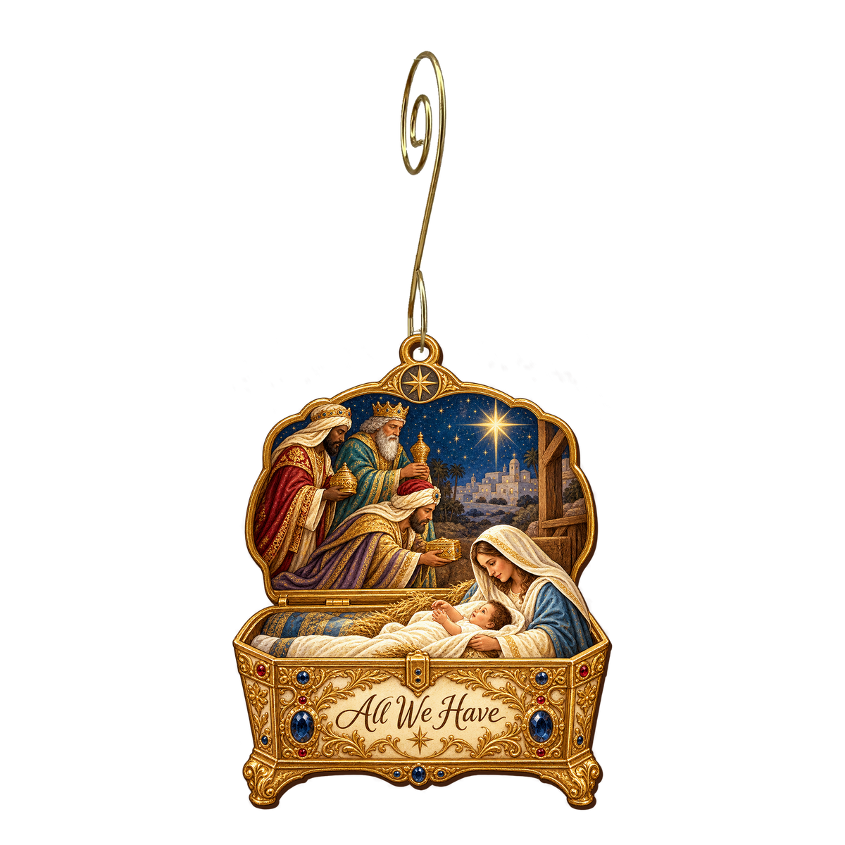 O836 — The Treasure Lid's Homage wooden Nativity ornament with gold spiral hook