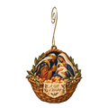 O837 — The Resin Basket wooden Nativity ornament with gold spiral hook