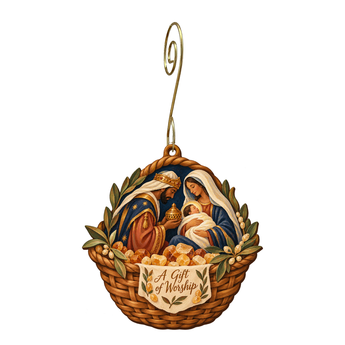 O837 — The Resin Basket wooden Nativity ornament with gold spiral hook
