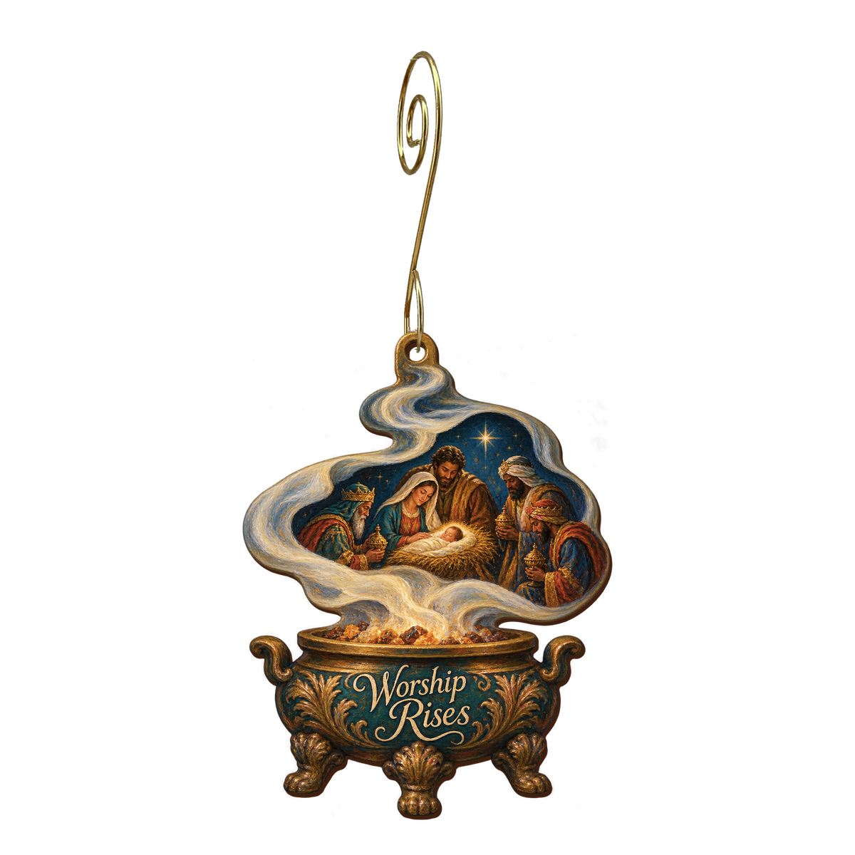 O838 — The Low Brazier's Praise wooden Nativity ornament with gold spiral hook