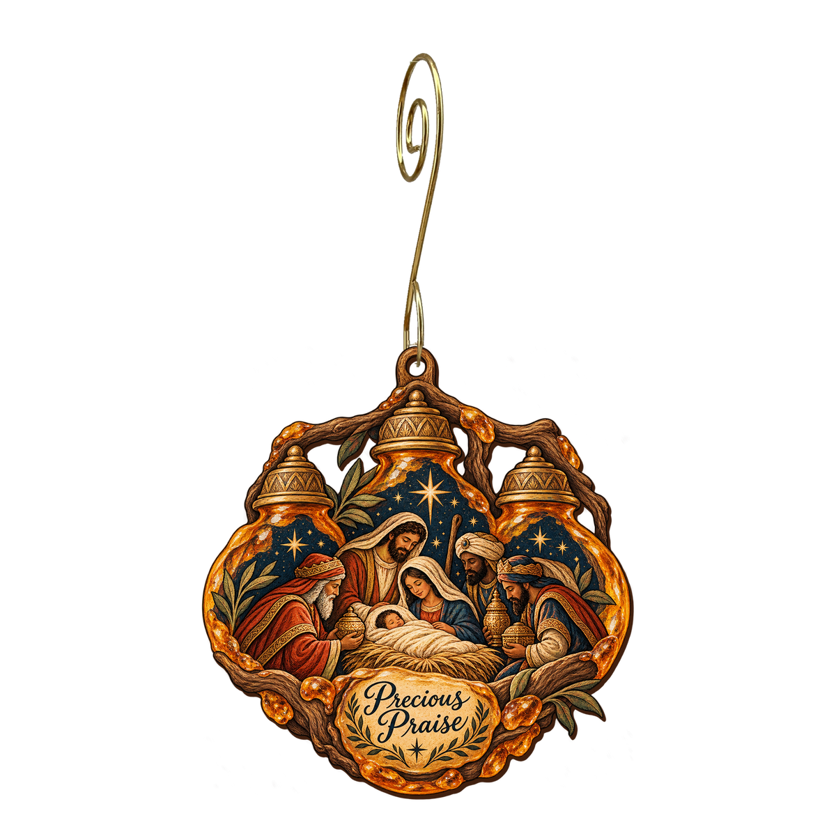 O839 — Amber Tears of Joy wooden Nativity ornament with gold spiral hook