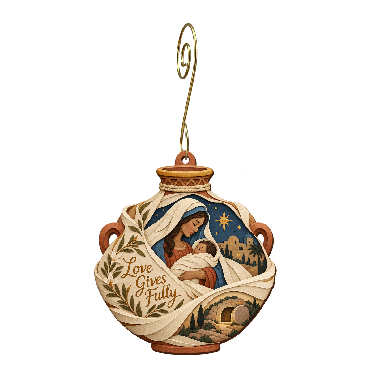 O840 — The Linen-Wrapped Myrrh Jar wooden Nativity ornament with gold spiral hook