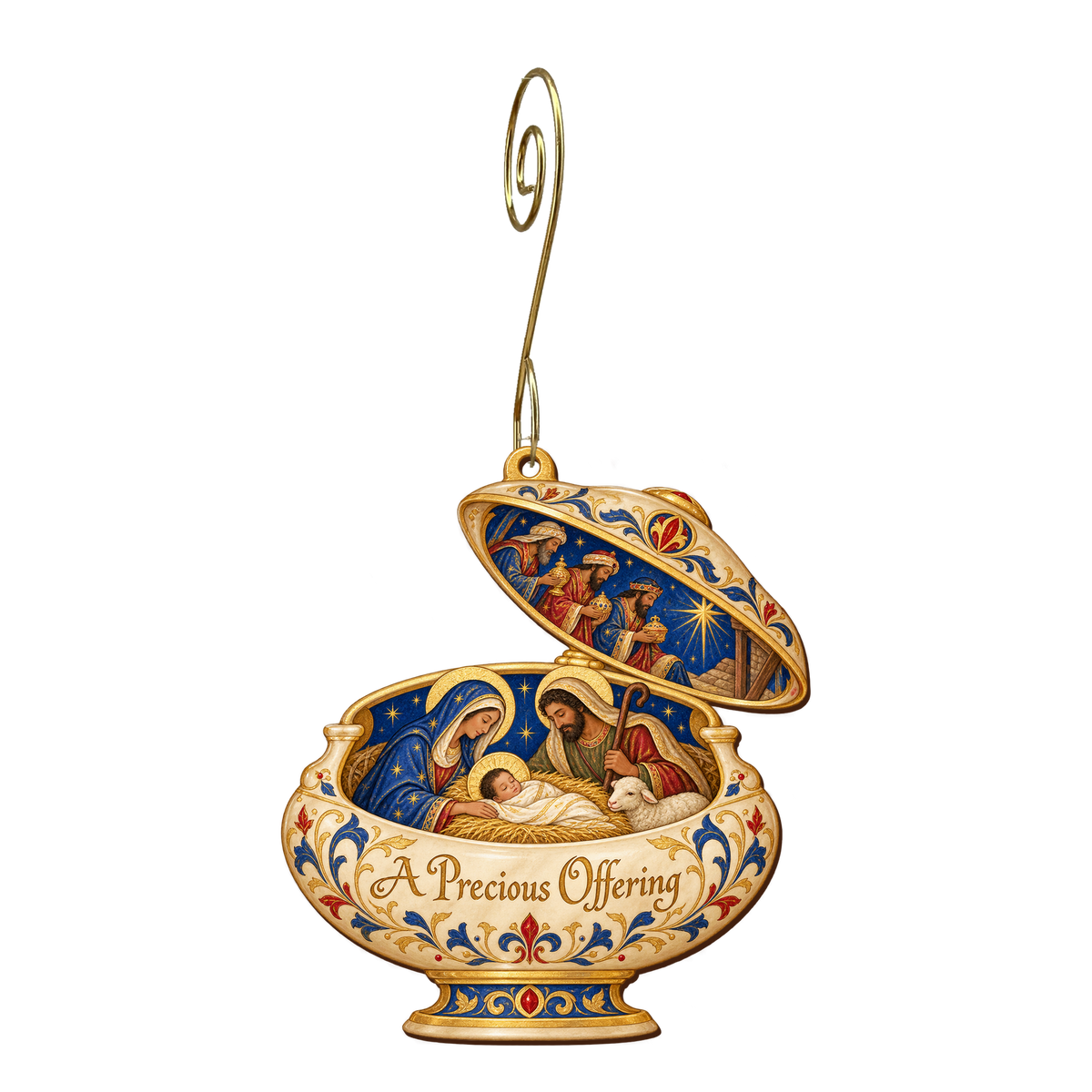 O841 — The Myrrh Stopper's Cradle wooden Nativity ornament with gold spiral hook