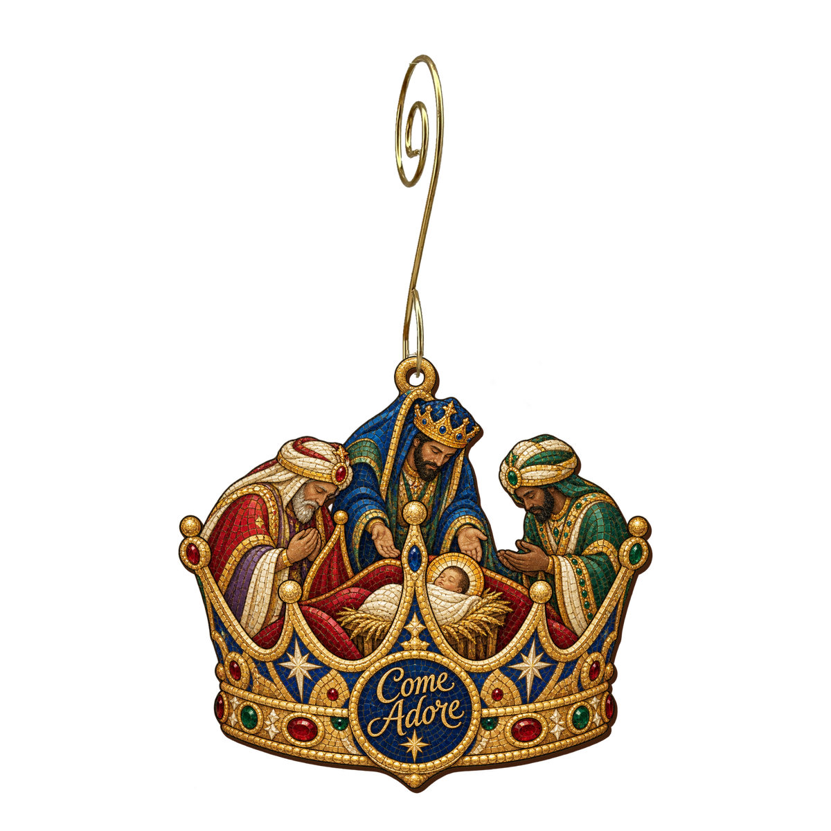 O843 — A Crown Laid Low wooden Nativity ornament with gold spiral hook