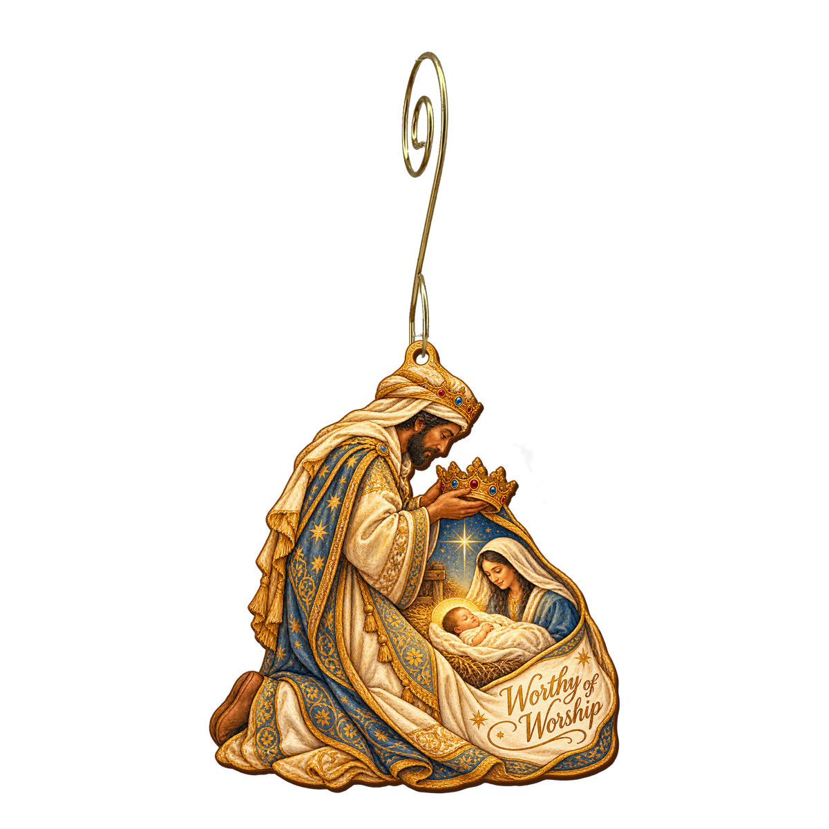O844 — The Kneeling Cloak wooden Nativity ornament with gold spiral hook