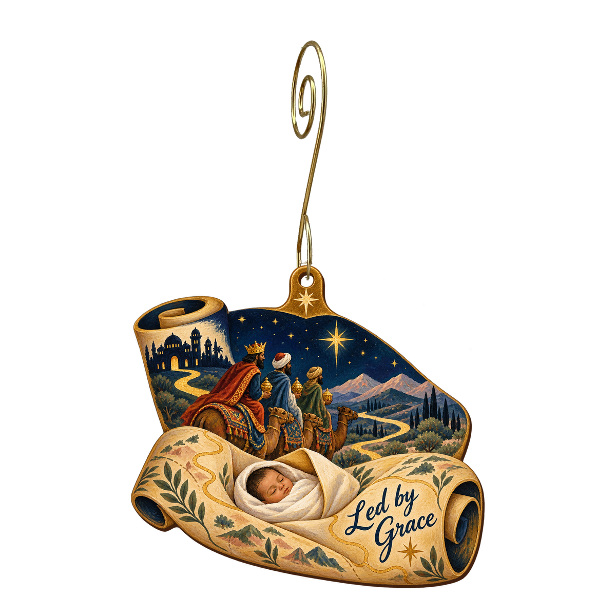 O845 — A Dream Changes the Map wooden Nativity ornament with gold spiral hook
