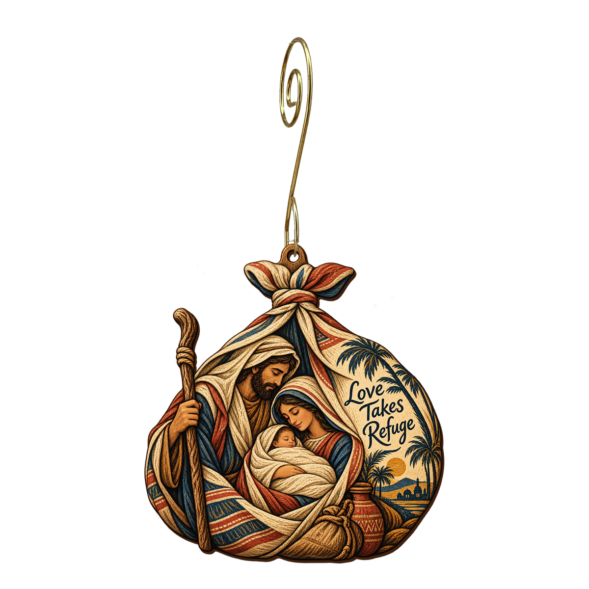 O846 — A Bundle of Belonging wooden Nativity ornament with gold spiral hook