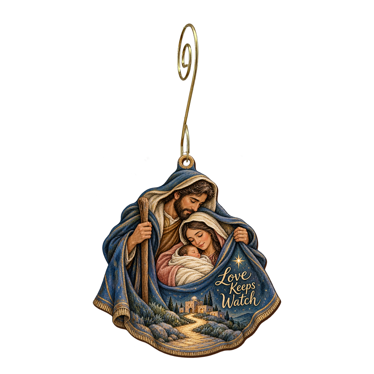 O847 — The Night Cloak wooden Nativity ornament with gold spiral hook