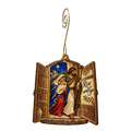 O848 — Across the Threshold wooden Nativity ornament with gold spiral hook