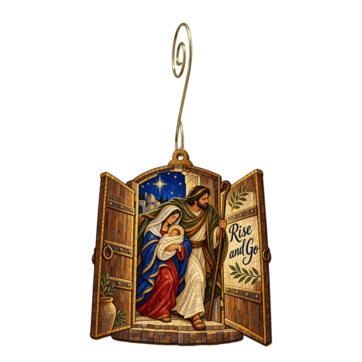 O848 — Across the Threshold wooden Nativity ornament with gold spiral hook
