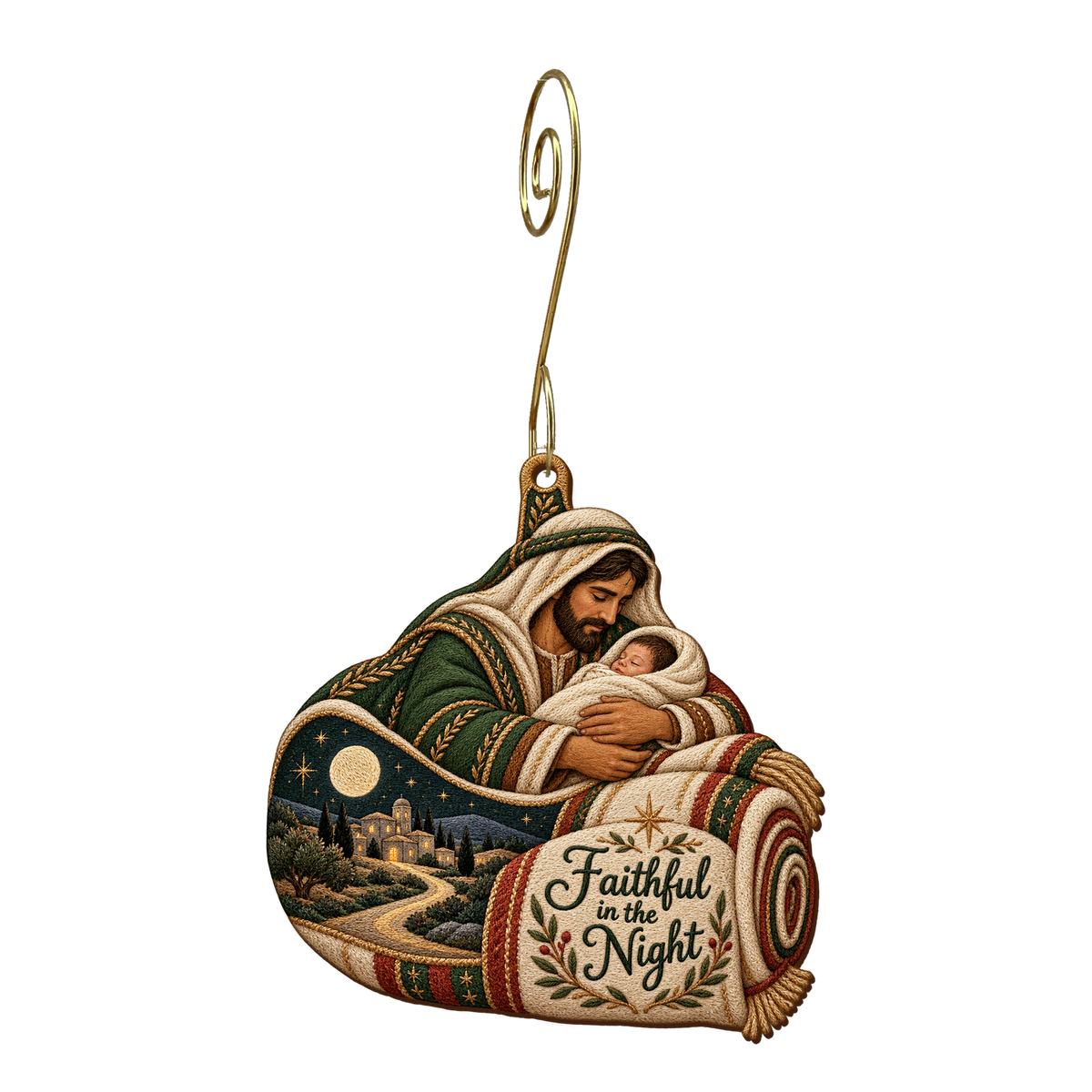 O849 — Carried Through the Dark wooden Nativity ornament with gold spiral hook