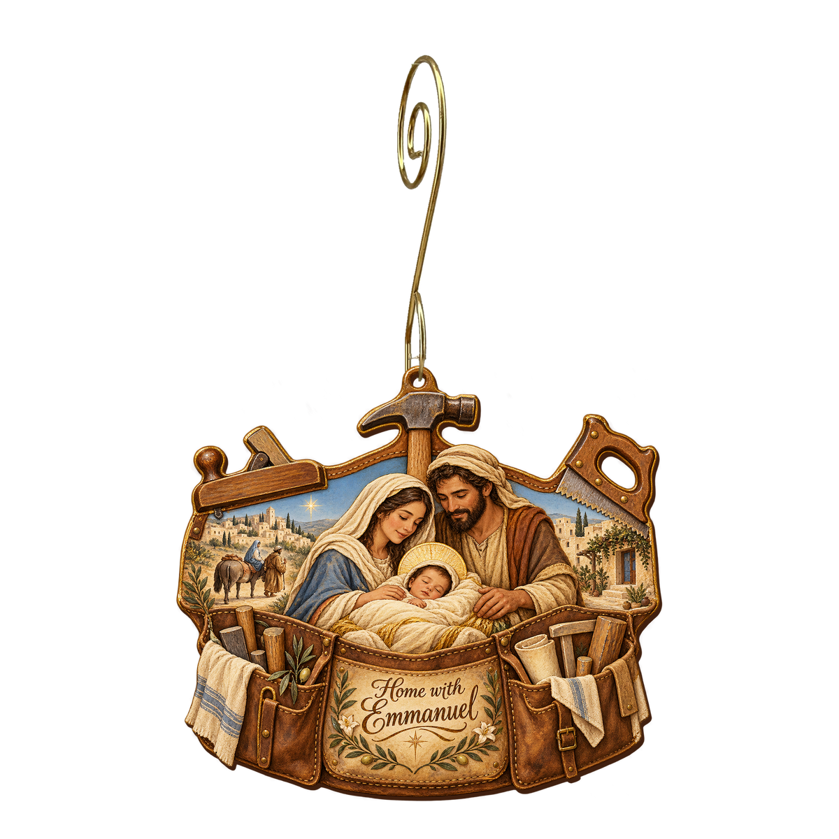 O850 — Tools Come Home wooden Nativity ornament with gold spiral hook