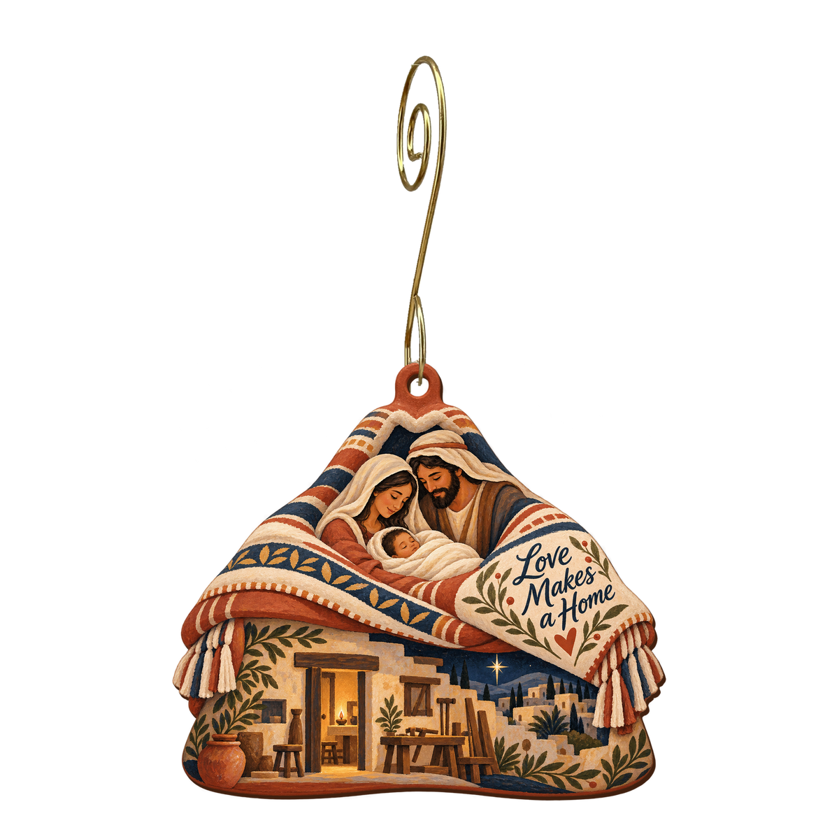 O851 — The Rooftop Blanket wooden Nativity ornament with gold spiral hook