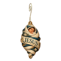 O852 — The Name in the Swaddle wooden Nativity ornament with gold spiral hook