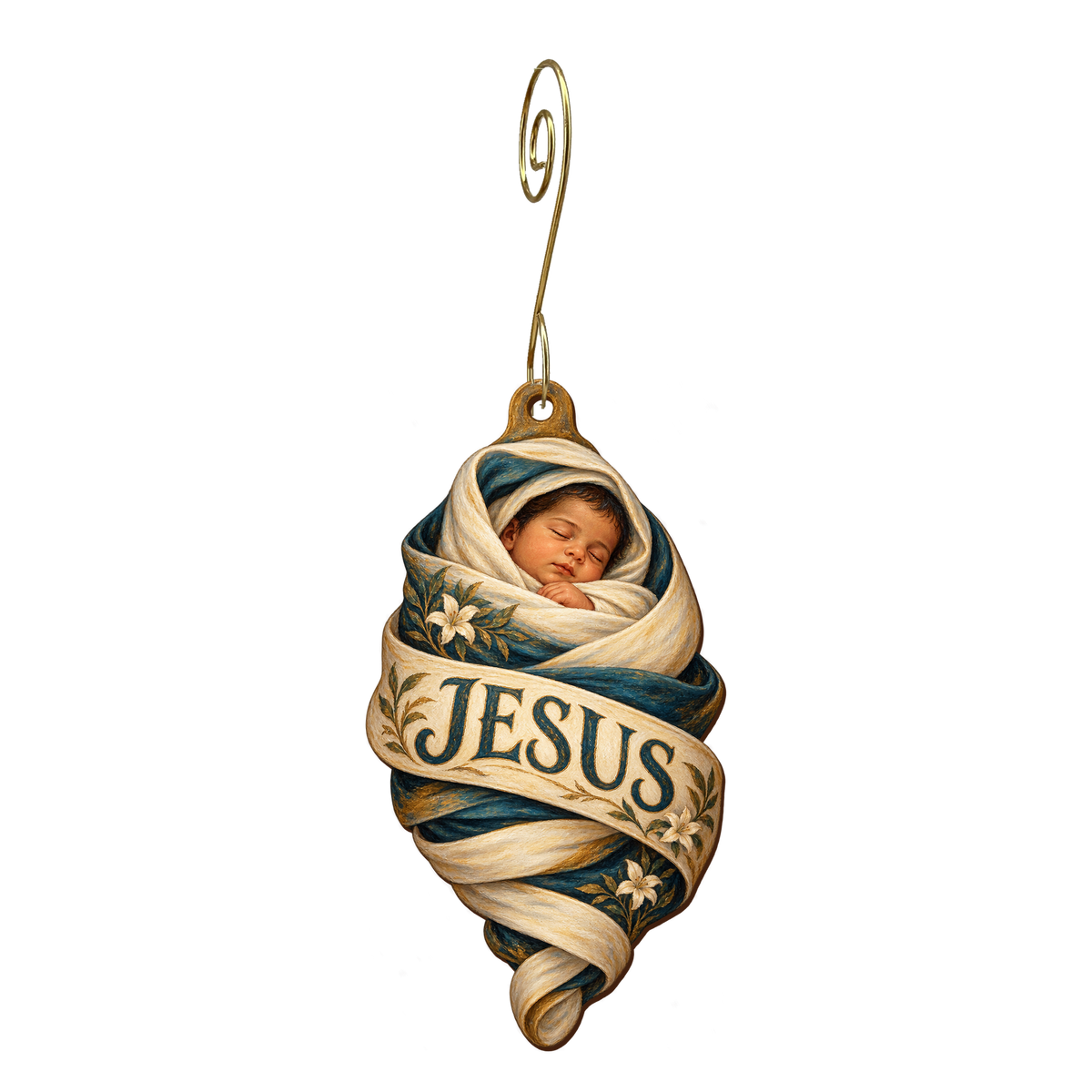 O852 — The Name in the Swaddle wooden Nativity ornament with gold spiral hook