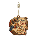O853 — Name Above the Cradle wooden Nativity ornament with gold spiral hook