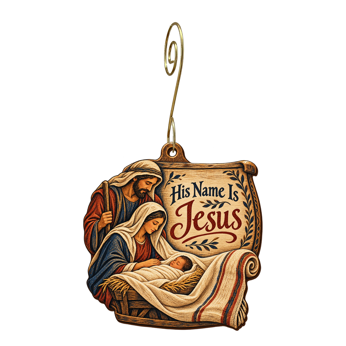 O853 — Name Above the Cradle wooden Nativity ornament with gold spiral hook